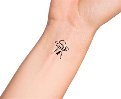 Alien Ufo Abduction Outline Sci Fi Temporary Tattoo Add Your Own Custom Words Text Etsy