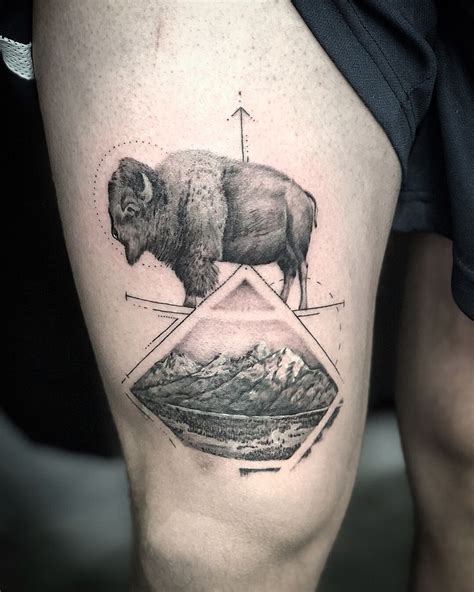 Bison And Mountain Cover Up Tattoo Design