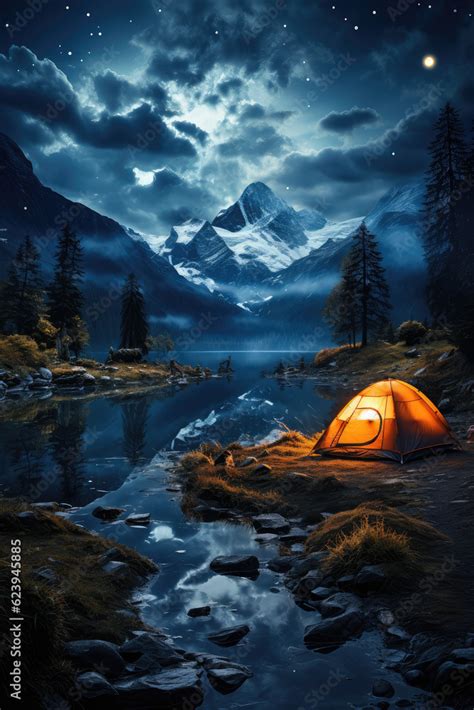 Camping In The Mountains Under The Stars A Glowing Tent Standing In