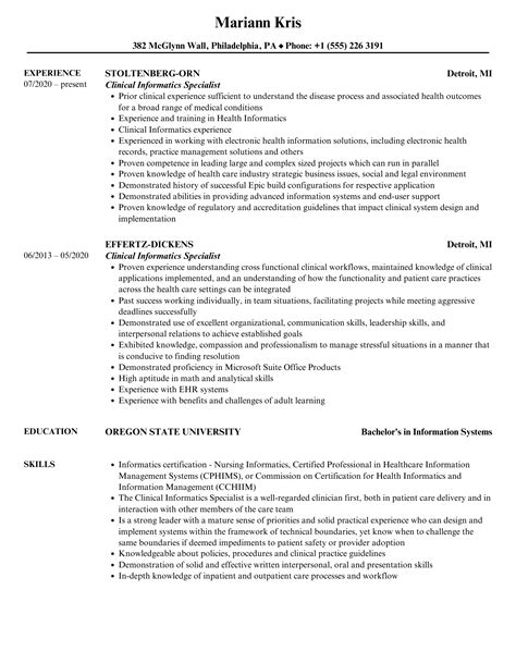 Clinical Informatics Specialist Resume Samples Velvet Jobs