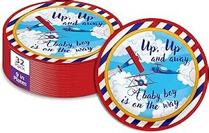 Disposable Party Decorations Up Up And Away Airplane Baby Shower Plates 32 Piece Disposable Party Supplies Set 9 Inch Paper Plates