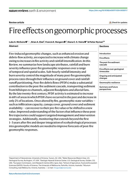 Fire Effects On Geomorphic Processes Nature Reviews Earth Environment
