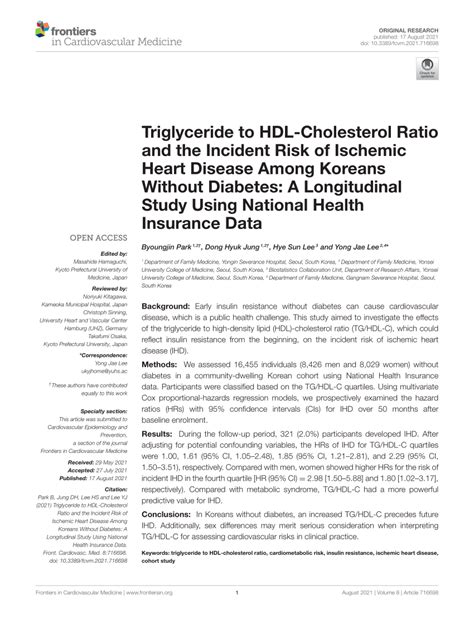 Frontiers Triglyceride To Hdl Cholesterol Ratio And The Incident Risk Of Ischemic Heart Disease Among Koreans Without Diabetes A Longitudinal Study Using National Health Insurance Data