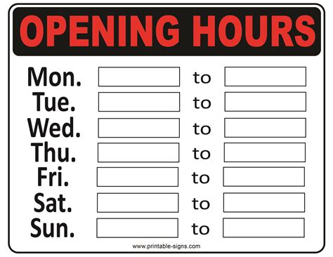 Hours Sign Printable Custom Opening Hours Signs Durable Materials