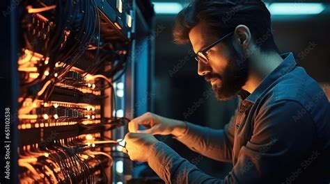 It Professional Male Network Are Connecting Cables In Server Cabinet It Professional Male Network Are Connecting Cables In Server Cabinet