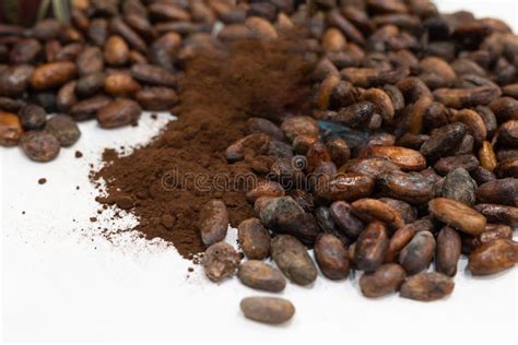 Large Roasted Coffee Beans Next To Freshly Ground Coffee On White Table
