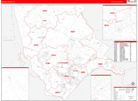 Moore County Nc Zip Code Wall Map Red Line Style By Marketmaps Mapsales