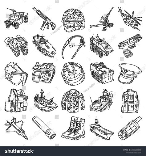 Part Of Military And Marine Corps Equipments Hand Drawn Icon Set
