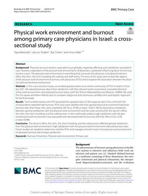 Physical Work Environment And Burnout Among Primary Care Physicians In Israel A Cross Sectional Study Bmc Primary Care Springer Nature Link