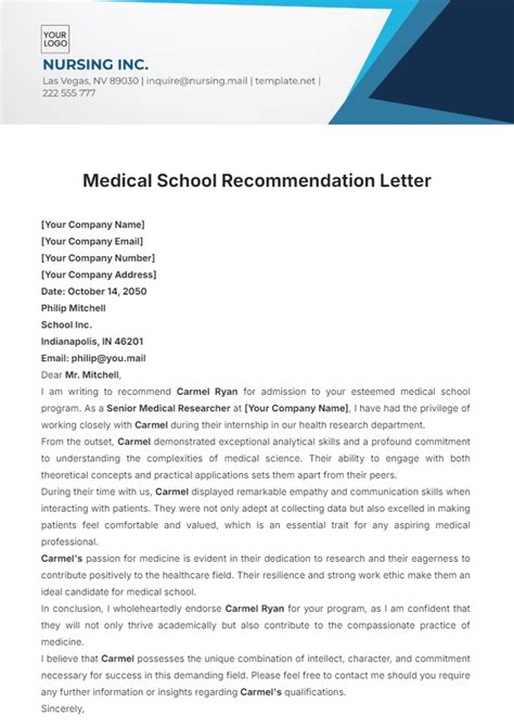 Recommendation For Medical School Template Free To Use