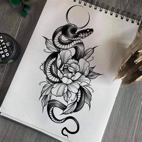 Snake And Flower Tattoo Design
