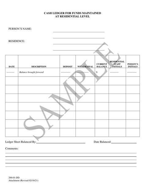 South Carolina Cash Ledger For Funds Maintained At Residential Level