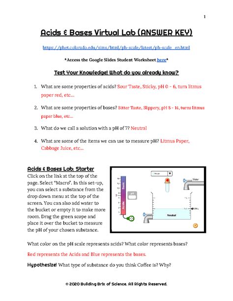 Student Ws And Teacher Answer Key Acids Amp Bases Virtual Lab Acids