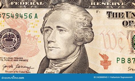 Ten Dollars Note President Hamilton Portrait Closeup Stock Image