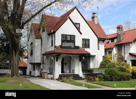 Tudor Mediterranean Revival House Kew Gardens Queens New York Stock