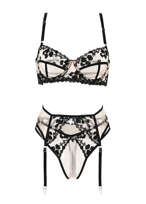 Unleash Ed Dawn Bra Thong Amp Suspender Set Black Nude Avec Amour Avec Amour Lingerie